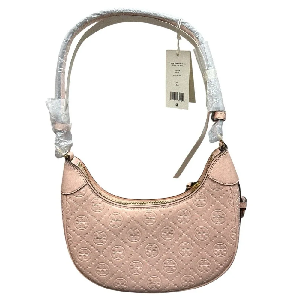 Tory Burch T Monogram Debossed Leather Crescent Shoulder Bag-Blush Pink New $469
